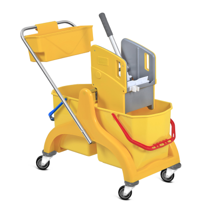 Carucior de Curatenie Galben cu Presa + Storcator + 2 galeti 25L + Cos pentru detergenti